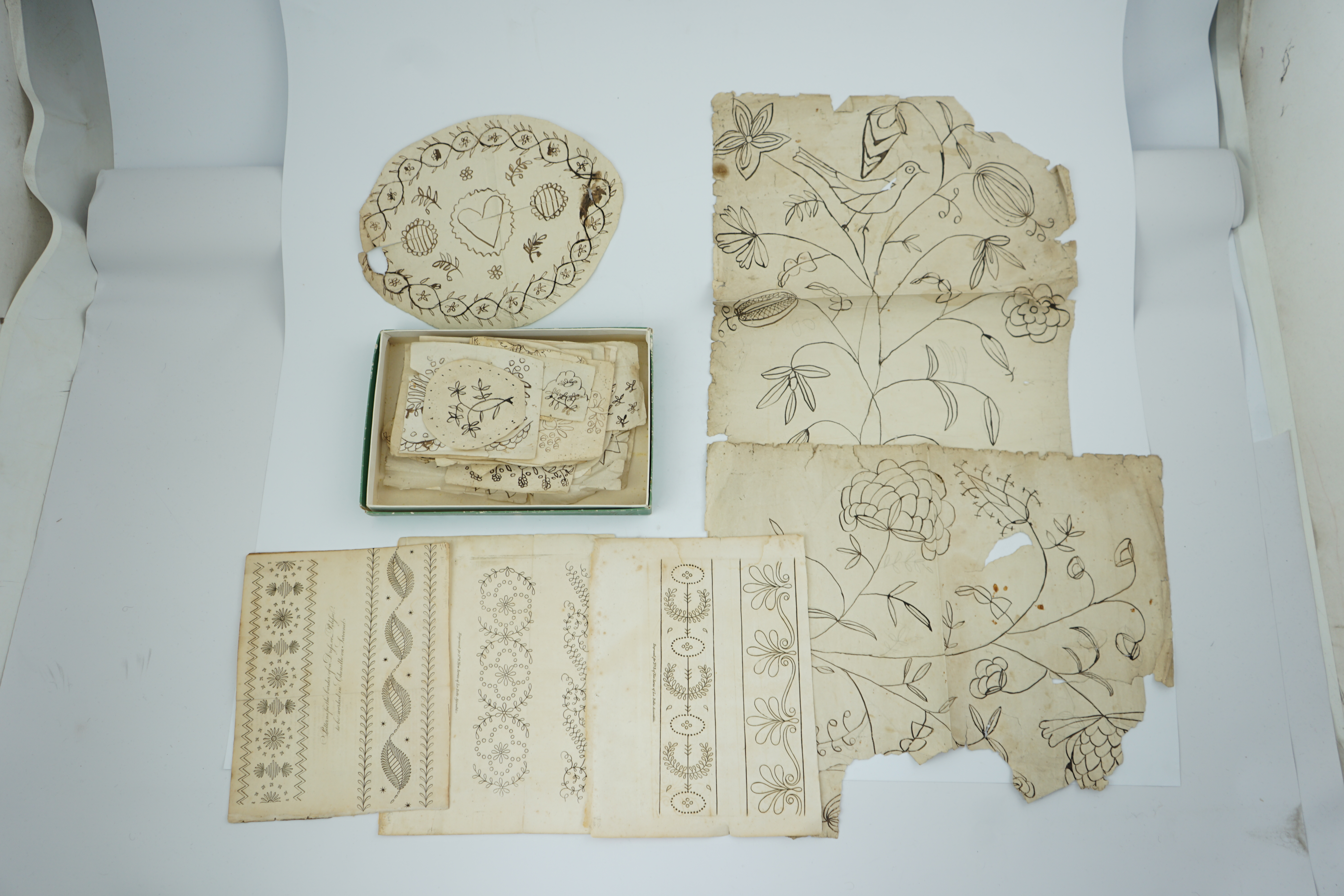 An interesting collection of 1808 - 1827 embroidery designs and pricking through patterns for whitework embroidery.